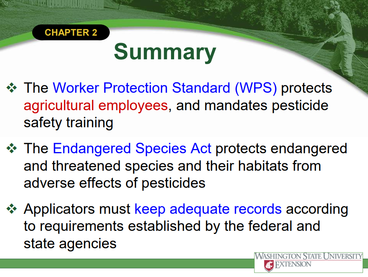 A screenshot of a summary slide from the federal pesticide laws slideshow