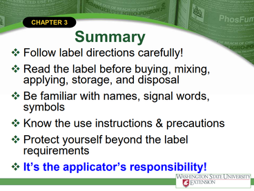 A screenshot of a summary slide from the pesticide labeling slideshow
