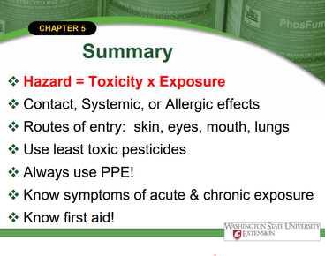 A screenshot of a summary slide from the pesticide hazards & first aid slideshow
