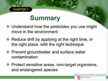 A screenshot of a summary slide from the pesticides in the envrironment slideshow